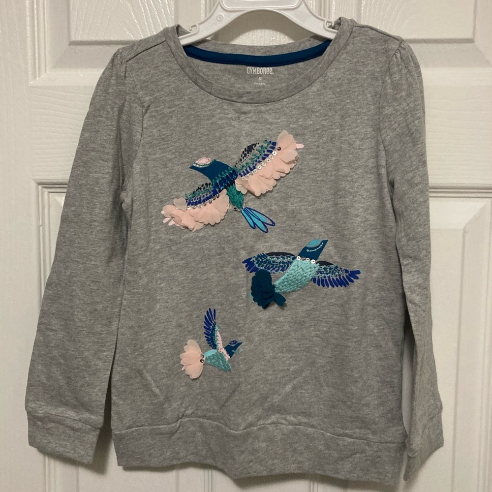 *Gymboree New Gray 3D Embroidered Birds Long Sleeve Kids-Size 5 Shirt #U